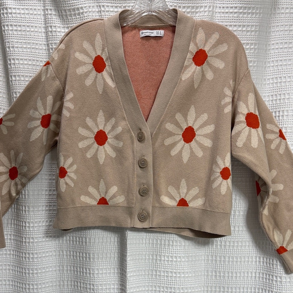 Daisy Floral Cardigan Sweater SZ S Cropped boxy coquette fairy novelty prep cute